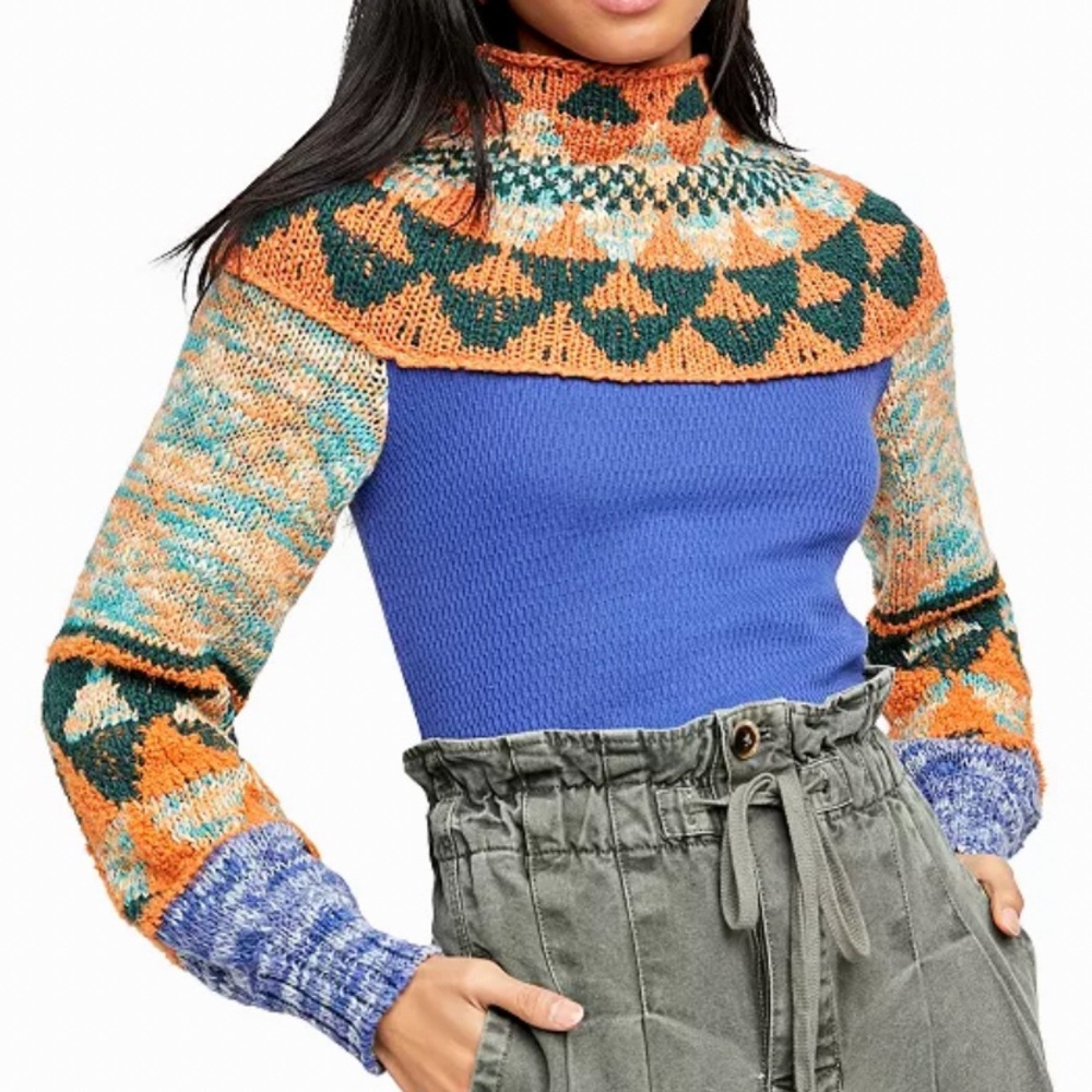 FREE PEOPLE CROCHET TURTLENECK SWEATER IN NAVY COMBO LONG PUFF SLEEVES